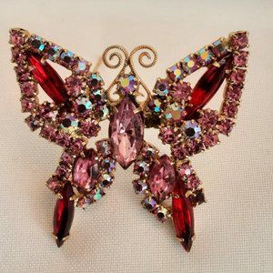 Stunning Red and Pink Crystal Butterfly Brooch